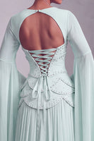 Laden Sie das Bild in den Galerie-Viewer, Altrosa Corsage Chiffon Jacquard Perlenbesatz Gestuft Schößchen A-Linien Langes Abiballkleid mit Ausgestellte Ärmel