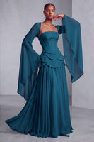 Laden Sie das Bild in den Galerie-Viewer, Altrosa Corsage Chiffon Jacquard Perlenbesatz Gestuft Schößchen A-Linien Langes Abiballkleid mit Ausgestellte Ärmel