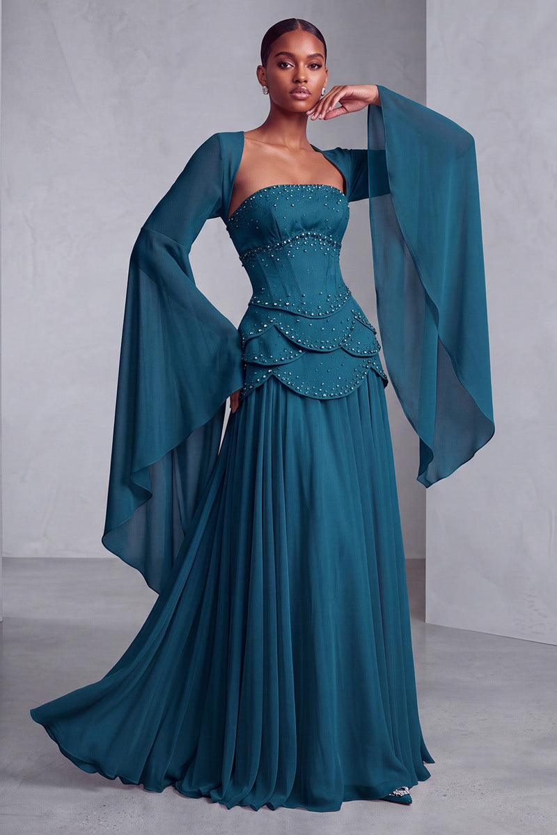 Laden Sie das Bild in den Galerie-Viewer, Altrosa Corsage Chiffon Jacquard Perlenbesatz Gestuft Schößchen A-Linien Langes Abiballkleid mit Ausgestellte Ärmel