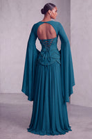 Laden Sie das Bild in den Galerie-Viewer, Altrosa Corsage Chiffon Jacquard Perlenbesatz Gestuft Schößchen A-Linien Langes Abiballkleid mit Ausgestellte Ärmel