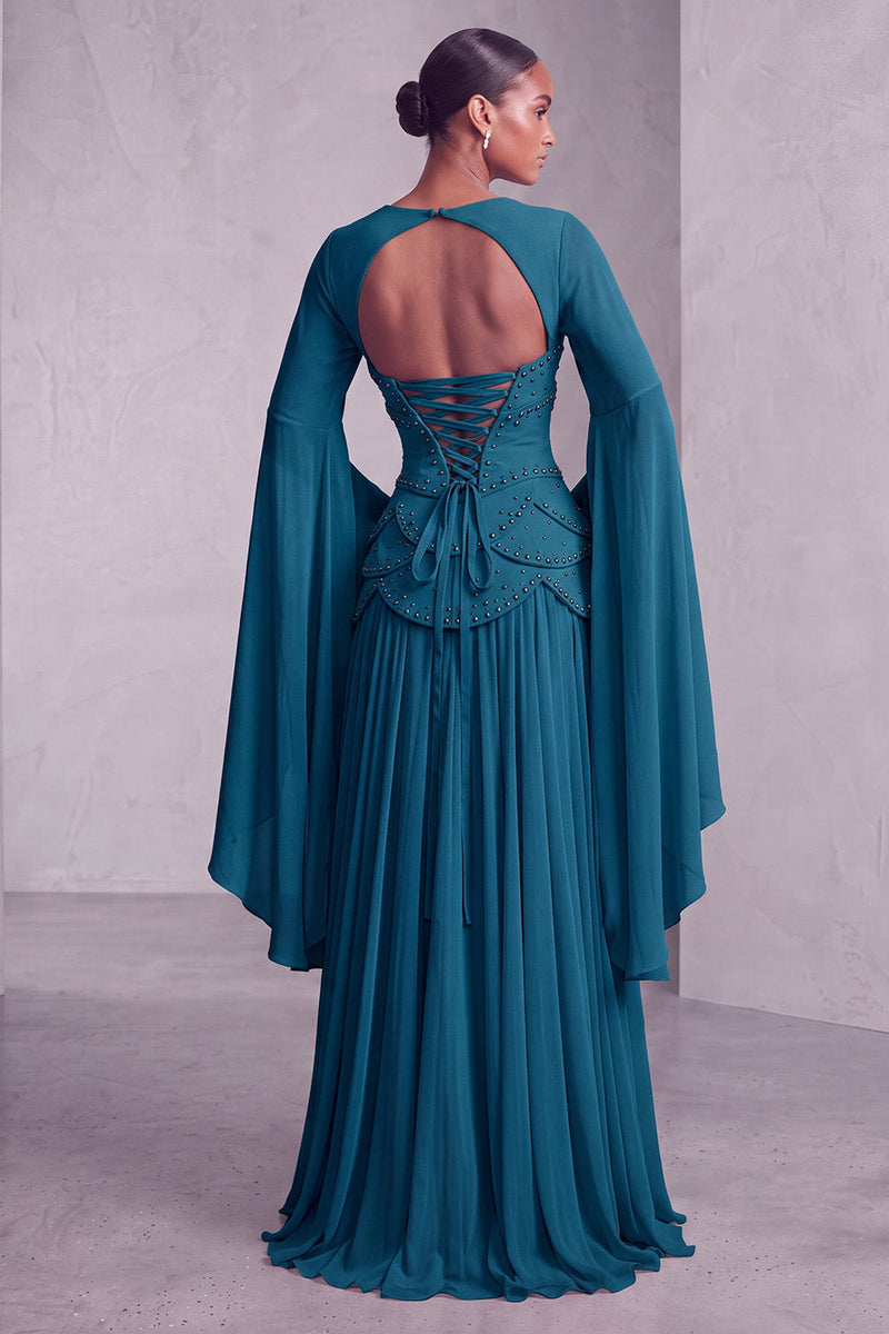Laden Sie das Bild in den Galerie-Viewer, Altrosa Corsage Chiffon Jacquard Perlenbesatz Gestuft Schößchen A-Linien Langes Abiballkleid mit Ausgestellte Ärmel