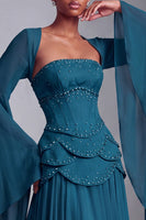 Laden Sie das Bild in den Galerie-Viewer, Altrosa Corsage Chiffon Jacquard Perlenbesatz Gestuft Schößchen A-Linien Langes Abiballkleid mit Ausgestellte Ärmel