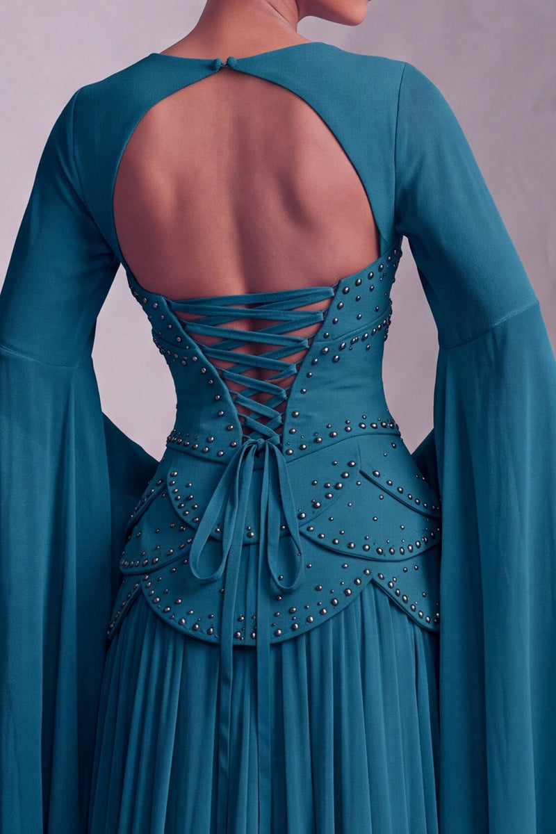 Laden Sie das Bild in den Galerie-Viewer, Altrosa Corsage Chiffon Jacquard Perlenbesatz Gestuft Schößchen A-Linien Langes Abiballkleid mit Ausgestellte Ärmel