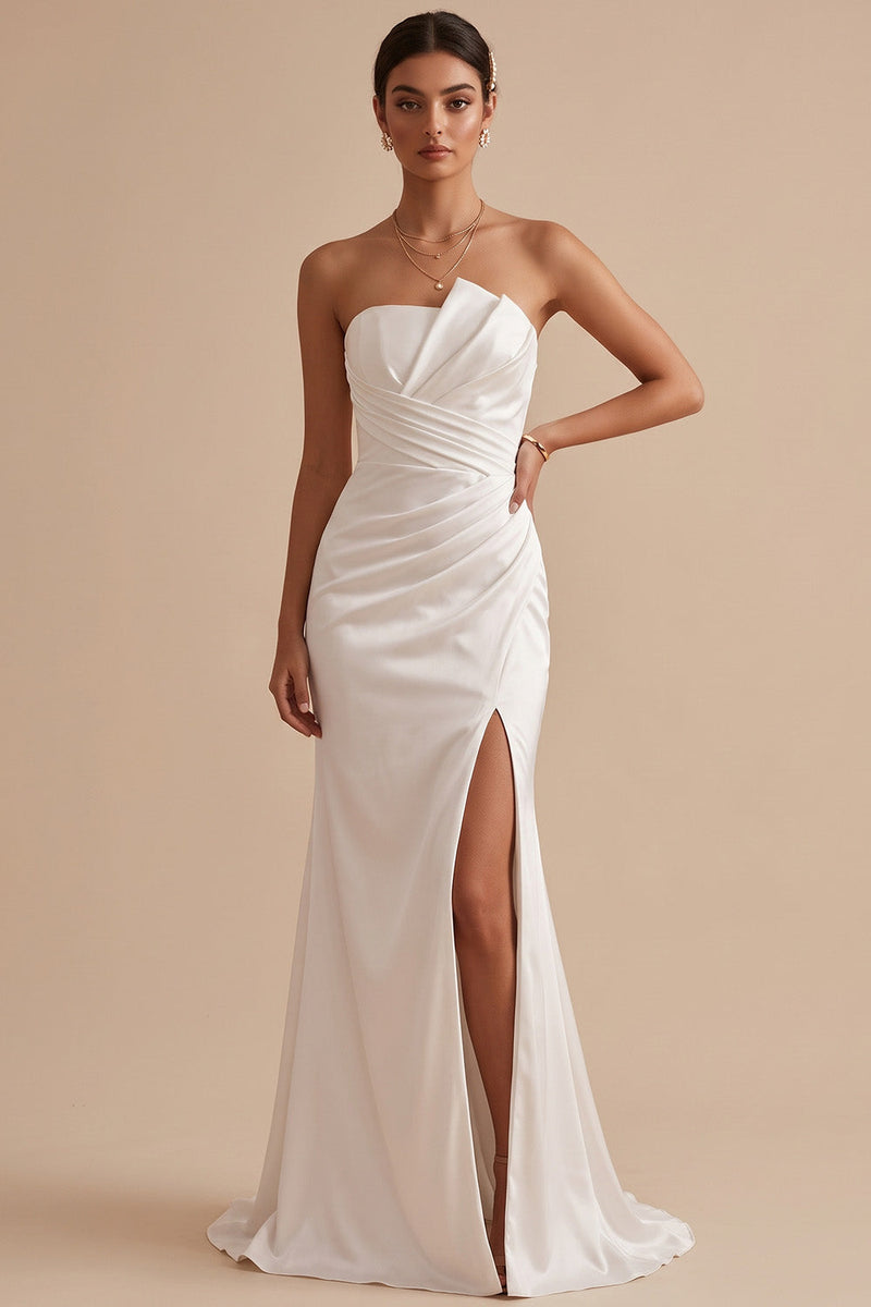 Laden Sie das Bild in den Galerie-Viewer, Weißes Meerjungfrauen Satin Trägerloses Gerafftes Maxi Hochzeitskleid mit Schlitz