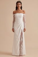 Laden Sie das Bild in den Galerie-Viewer, Weißes Schulterloses Satin Spitzen Langarm Maxi Hochzeitskleid