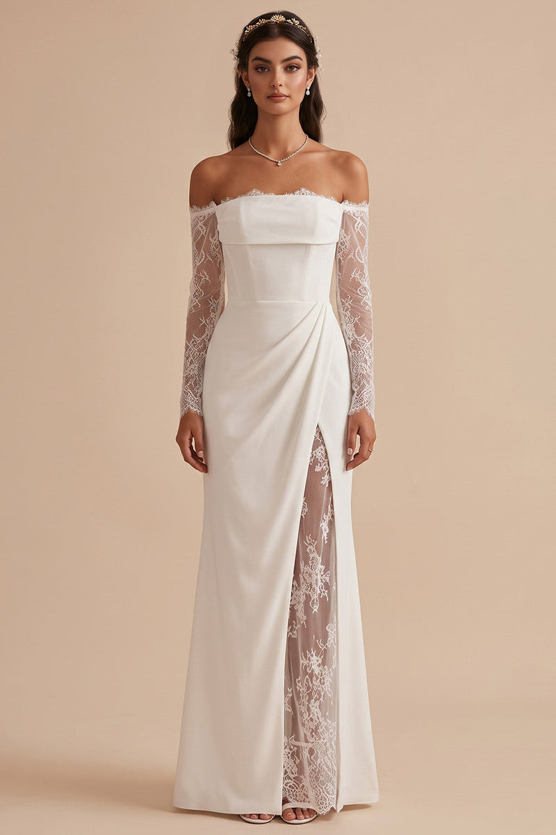 Laden Sie das Bild in den Galerie-Viewer, Weißes Schulterloses Satin Spitzen Langarm Maxi Hochzeitskleid