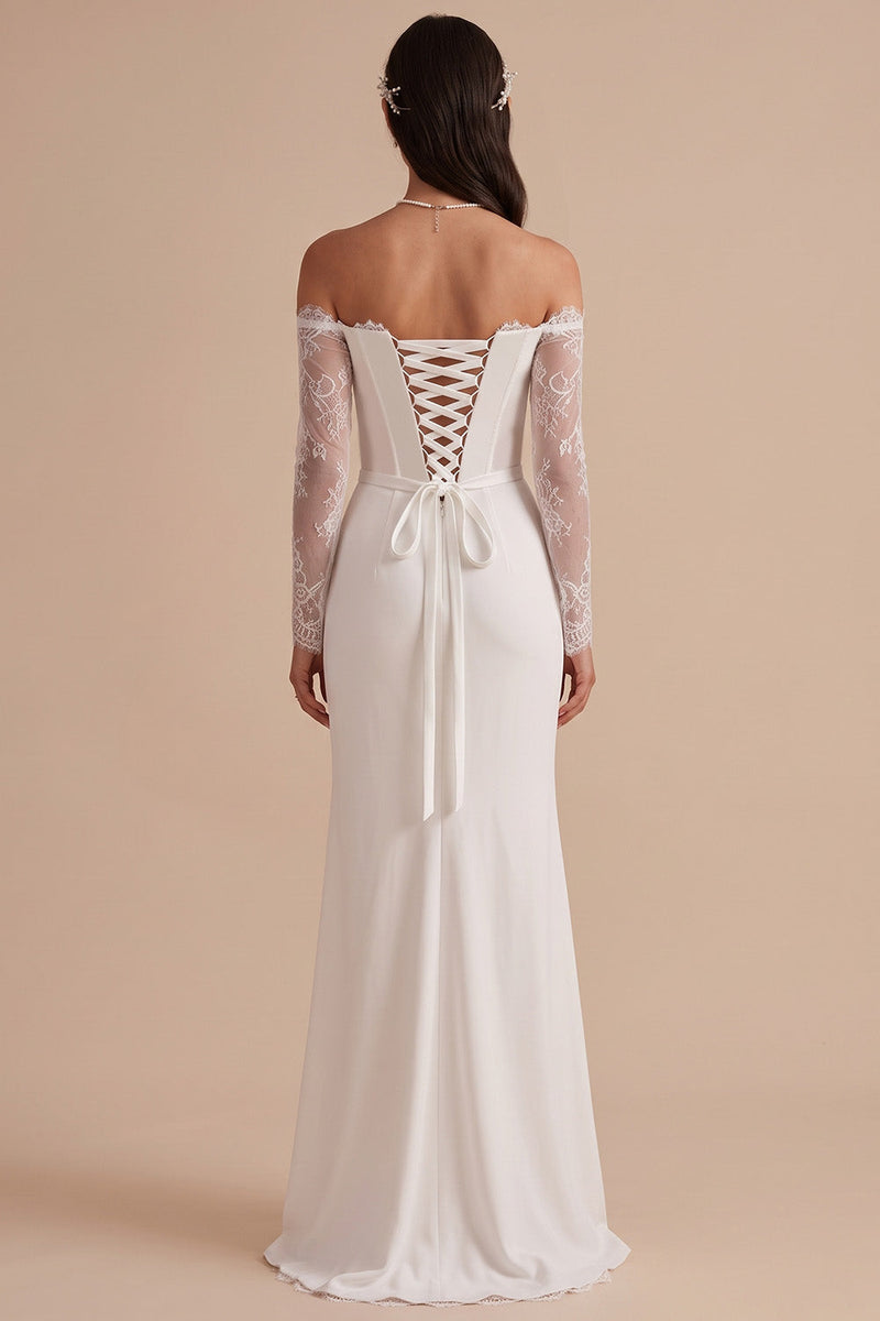 Laden Sie das Bild in den Galerie-Viewer, Weißes Schulterloses Satin Spitzen Langarm Maxi Hochzeitskleid