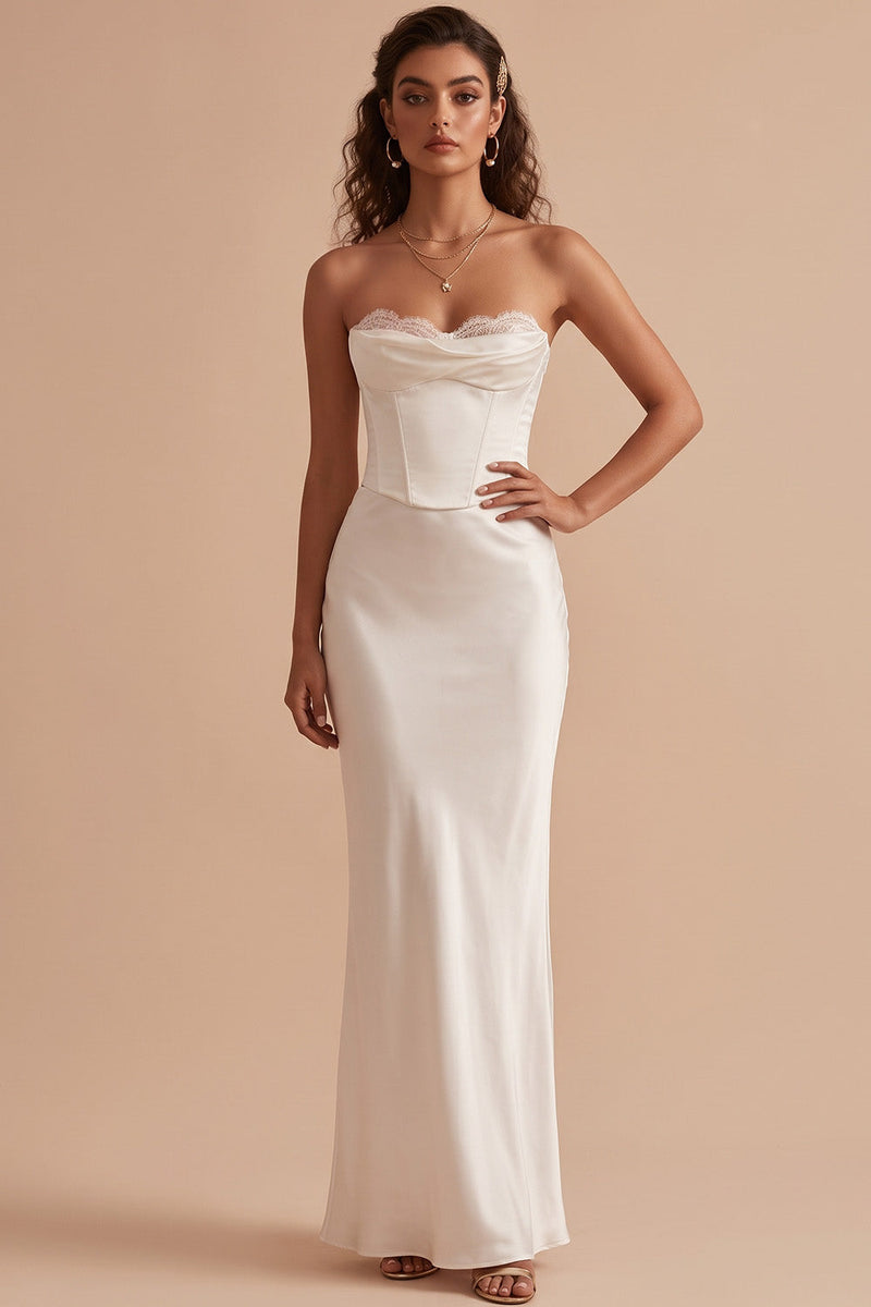 Laden Sie das Bild in den Galerie-Viewer, Weißes Satin Korsett Meerjungfrauen Trägerloses Satin Langes Hochzeitskleid mit Spitze