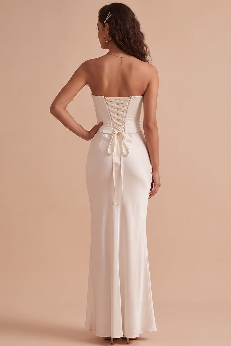 Laden Sie das Bild in den Galerie-Viewer, Weißes Satin Korsett Meerjungfrauen Trägerloses Satin Langes Hochzeitskleid mit Spitze