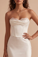 Laden Sie das Bild in den Galerie-Viewer, Weißes Satin Korsett Meerjungfrauen Trägerloses Satin Langes Hochzeitskleid mit Spitze