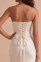 Laden Sie das Bild in den Galerie-Viewer, Weißes Satin Korsett Meerjungfrauen Trägerloses Satin Langes Hochzeitskleid mit Spitze