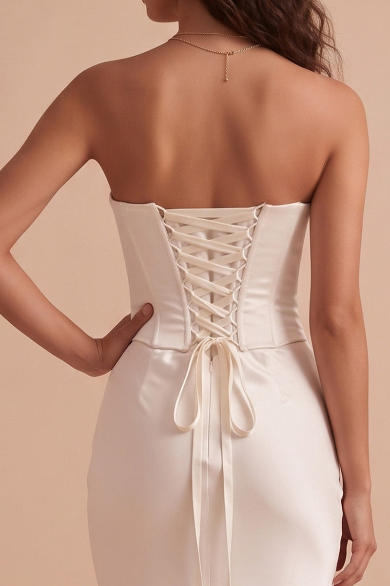 Laden Sie das Bild in den Galerie-Viewer, Weißes Satin Korsett Meerjungfrauen Trägerloses Satin Langes Hochzeitskleid mit Spitze
