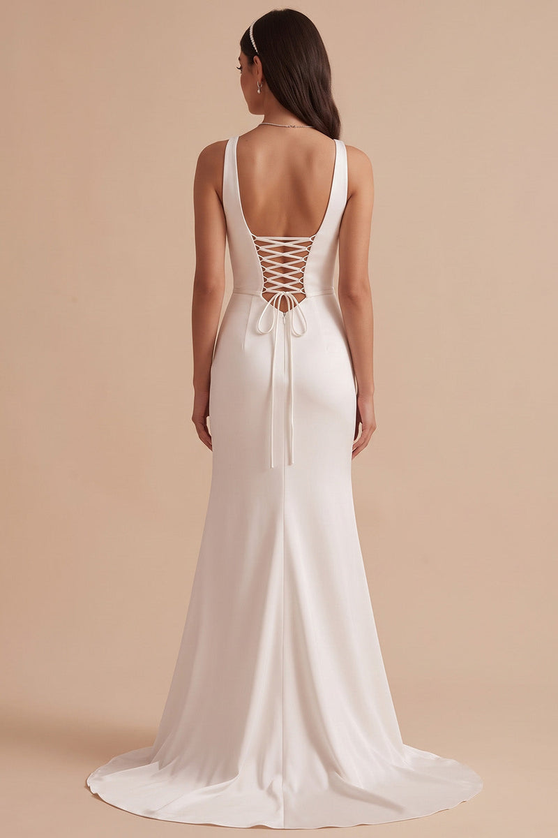 Laden Sie das Bild in den Galerie-Viewer, Weißes V-Ausschnitt Gerafftes Satin Brautkleid mit Schlitz