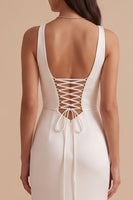 Laden Sie das Bild in den Galerie-Viewer, Weißes V-Ausschnitt Gerafftes Satin Brautkleid mit Schlitz
