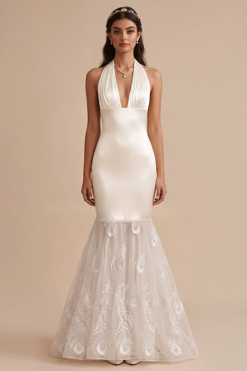 Laden Sie das Bild in den Galerie-Viewer, Weißes Meerjungfrauen Satin Hochzeitskleid mit Stickerei