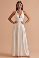 Laden Sie das Bild in den Galerie-Viewer, Weißes A-Linie Halter Satin Langes Hochzeitskleid