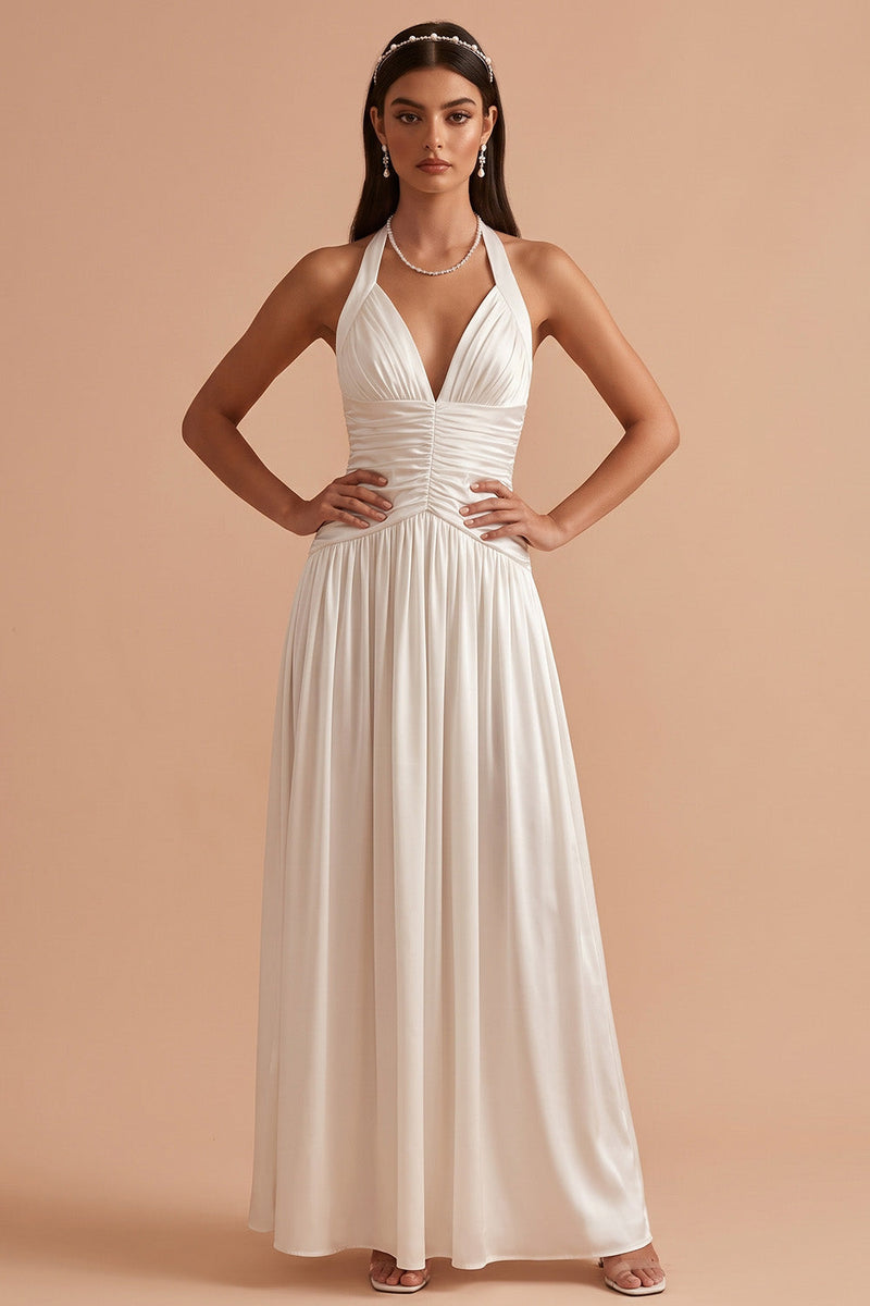 Laden Sie das Bild in den Galerie-Viewer, Weißes A-Linie Halter Satin Langes Hochzeitskleid