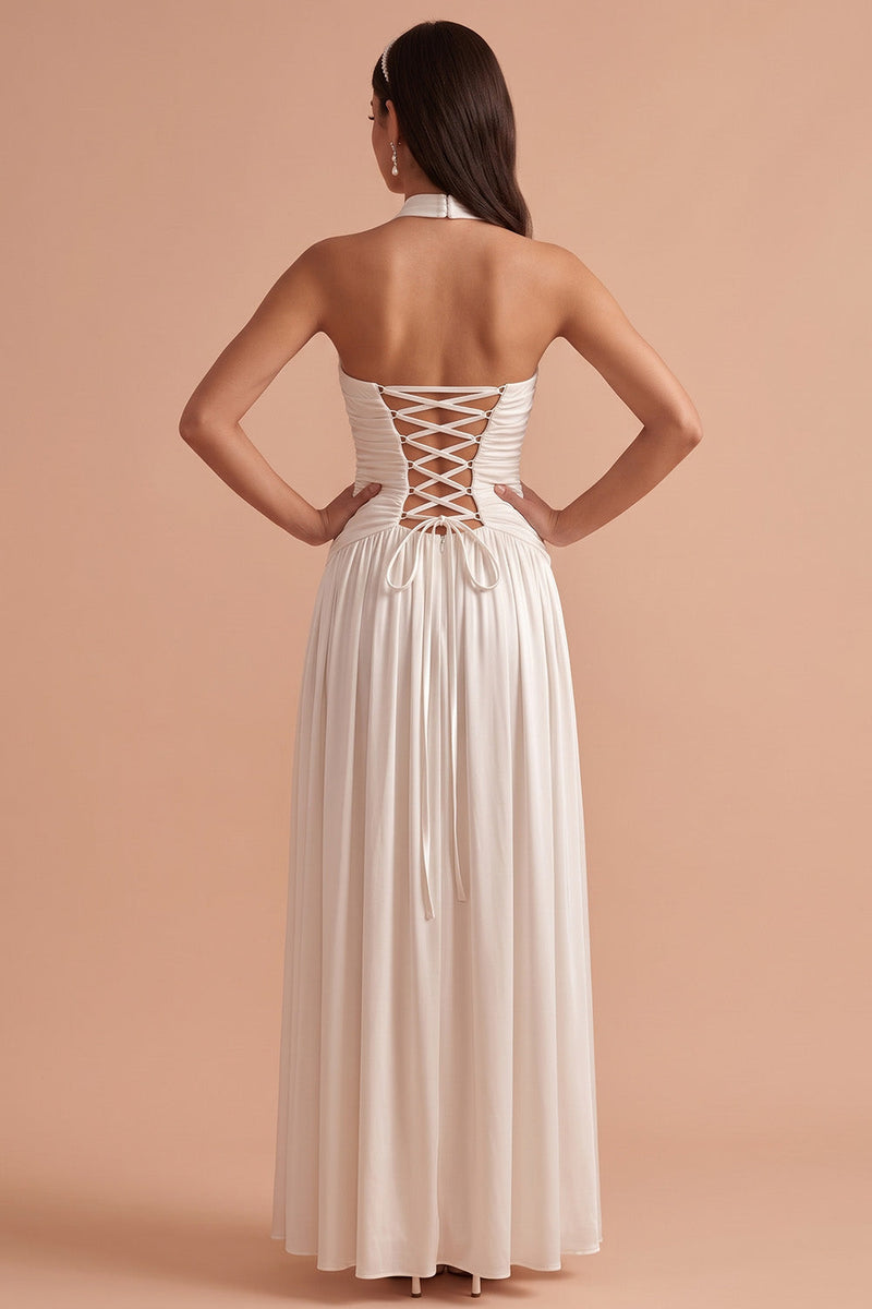 Laden Sie das Bild in den Galerie-Viewer, Weißes A-Linie Halter Satin Langes Hochzeitskleid
