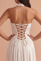Laden Sie das Bild in den Galerie-Viewer, Weißes A-Linie Halter Satin Langes Hochzeitskleid
