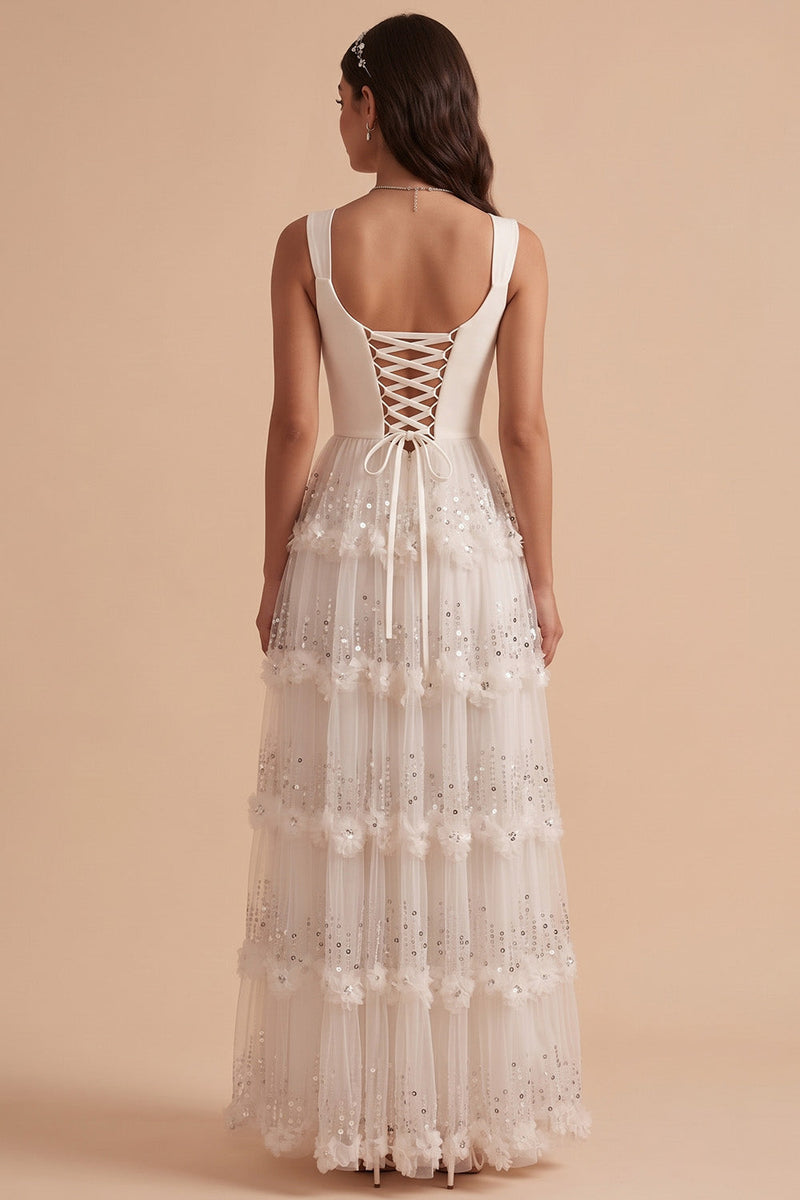 Laden Sie das Bild in den Galerie-Viewer, Weißes A-Linie Maxi Hochzeitsgastkleid mit Cowl-Ausschnitt und Paillettenapplikationen