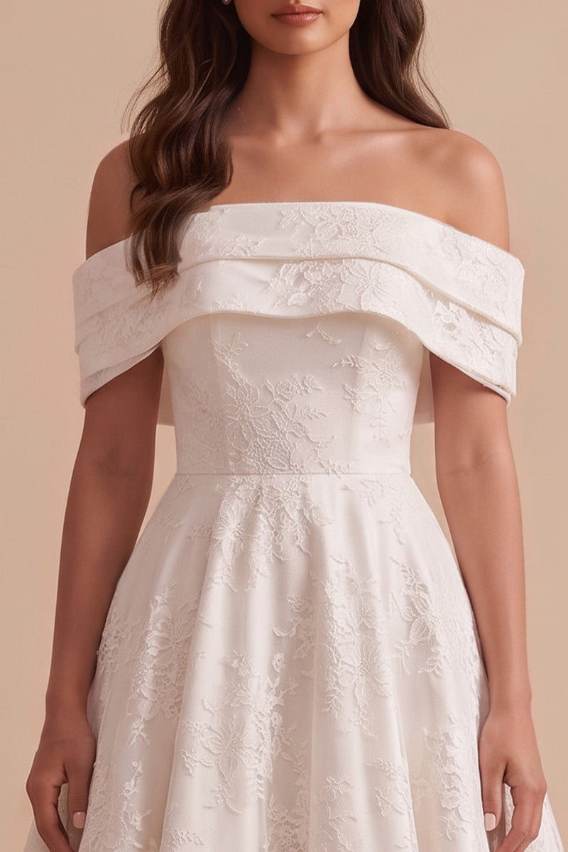 Laden Sie das Bild in den Galerie-Viewer, Weißes A-Linie Off-the-shoulder Spitze Midi-Hochzeitskleid