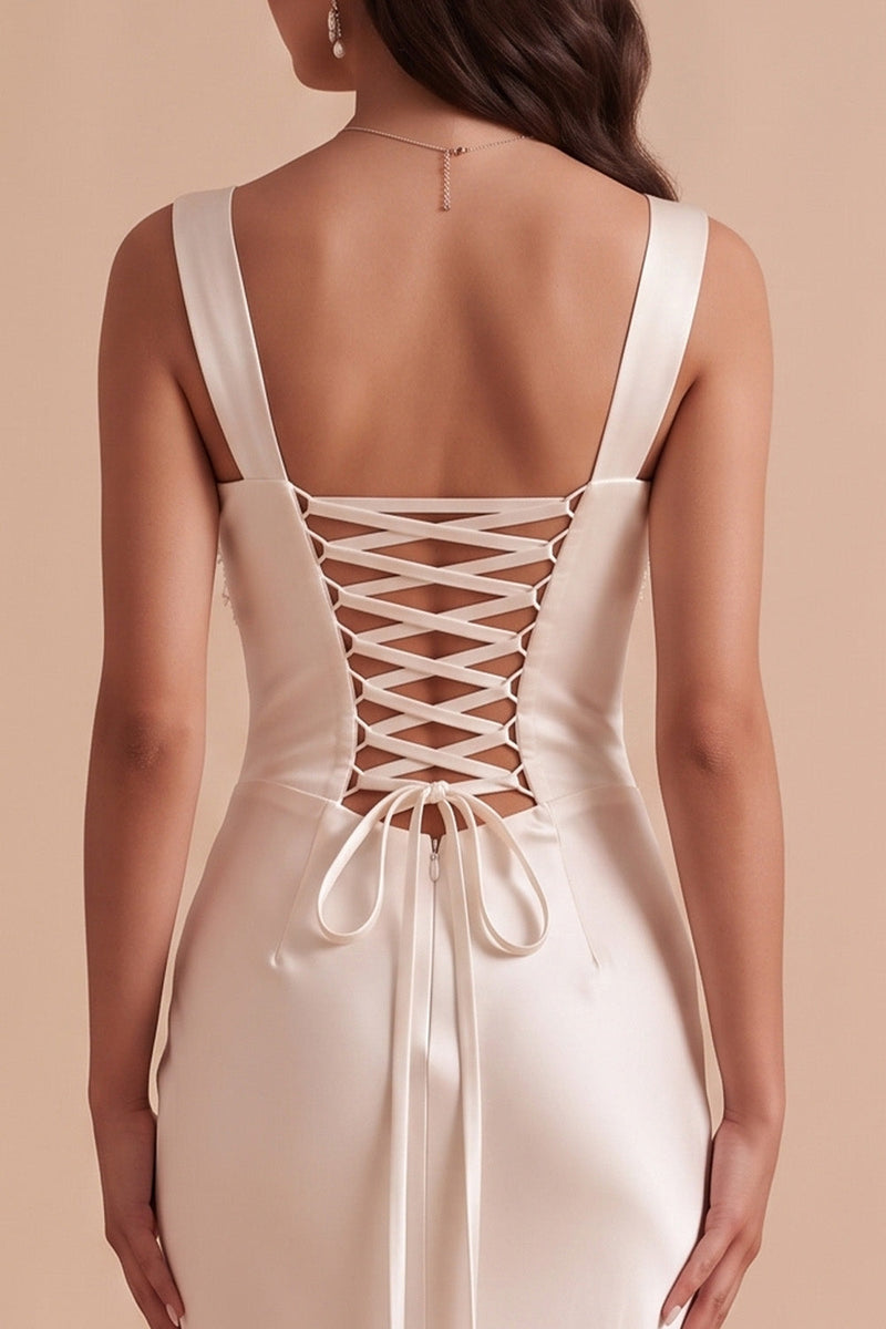 Laden Sie das Bild in den Galerie-Viewer, Weißes Meerjungfrauen Quadrat-Hals Satin Pailletten Applikationen Langes Hochzeitskleid mit Perlen