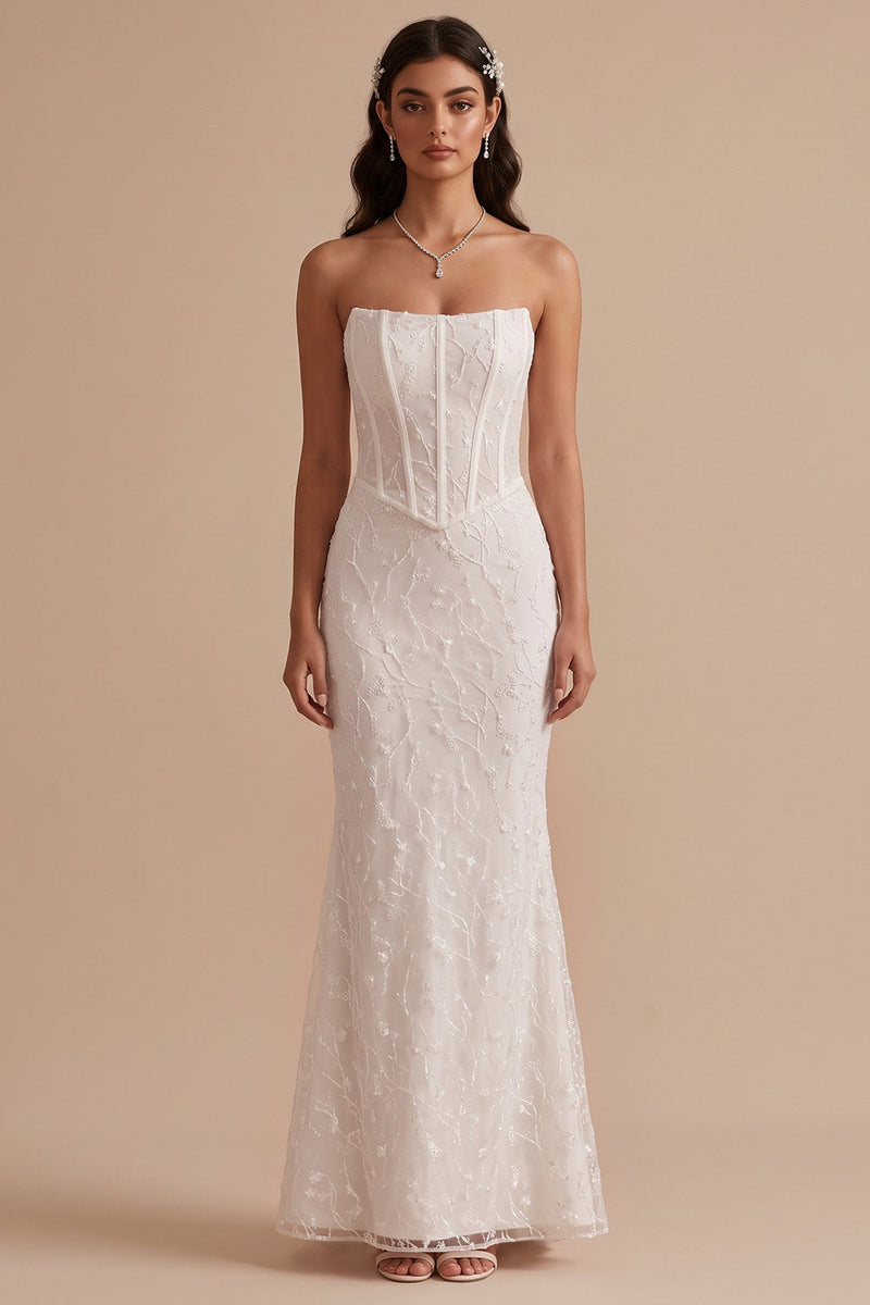 Laden Sie das Bild in den Galerie-Viewer, Weißes Korsett Meerjungfrauen Trägerloses Maxi-Hochzeitskleid mit Stickerei
