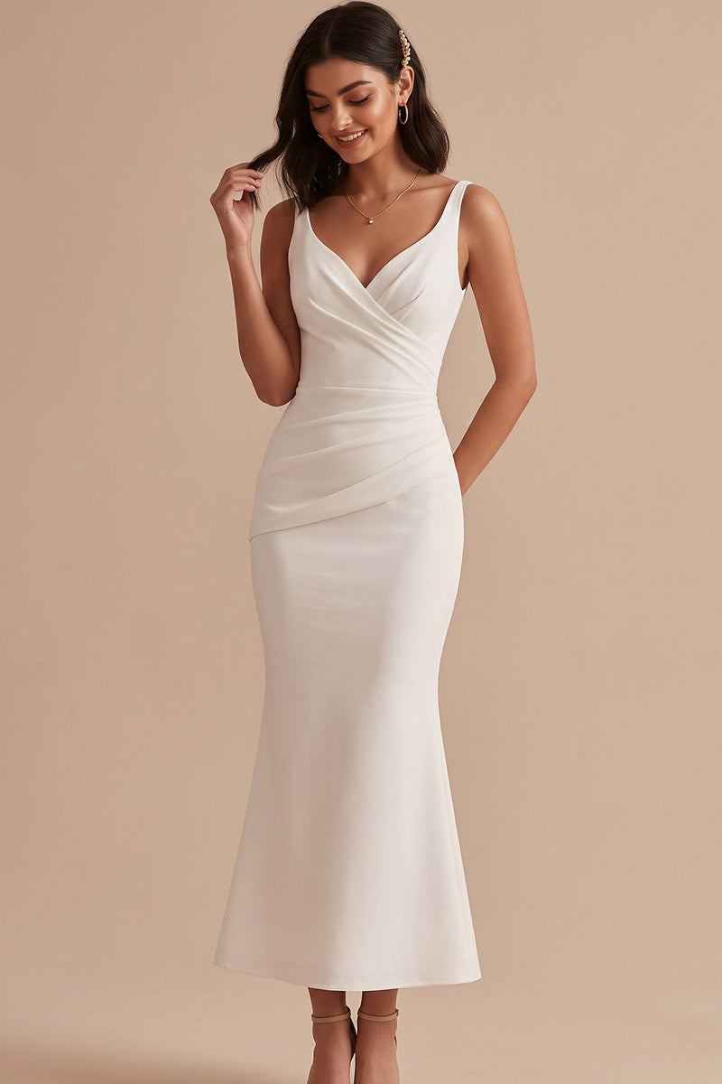 Laden Sie das Bild in den Galerie-Viewer, Weißes Meerjungfrauen Satin V-Ausschnitt Midi Hochzeitskleid