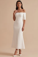 Laden Sie das Bild in den Galerie-Viewer, Weißes Meerjungfrauen Off-shoulder Halbärmel Satin Midi Hochzeitskleid