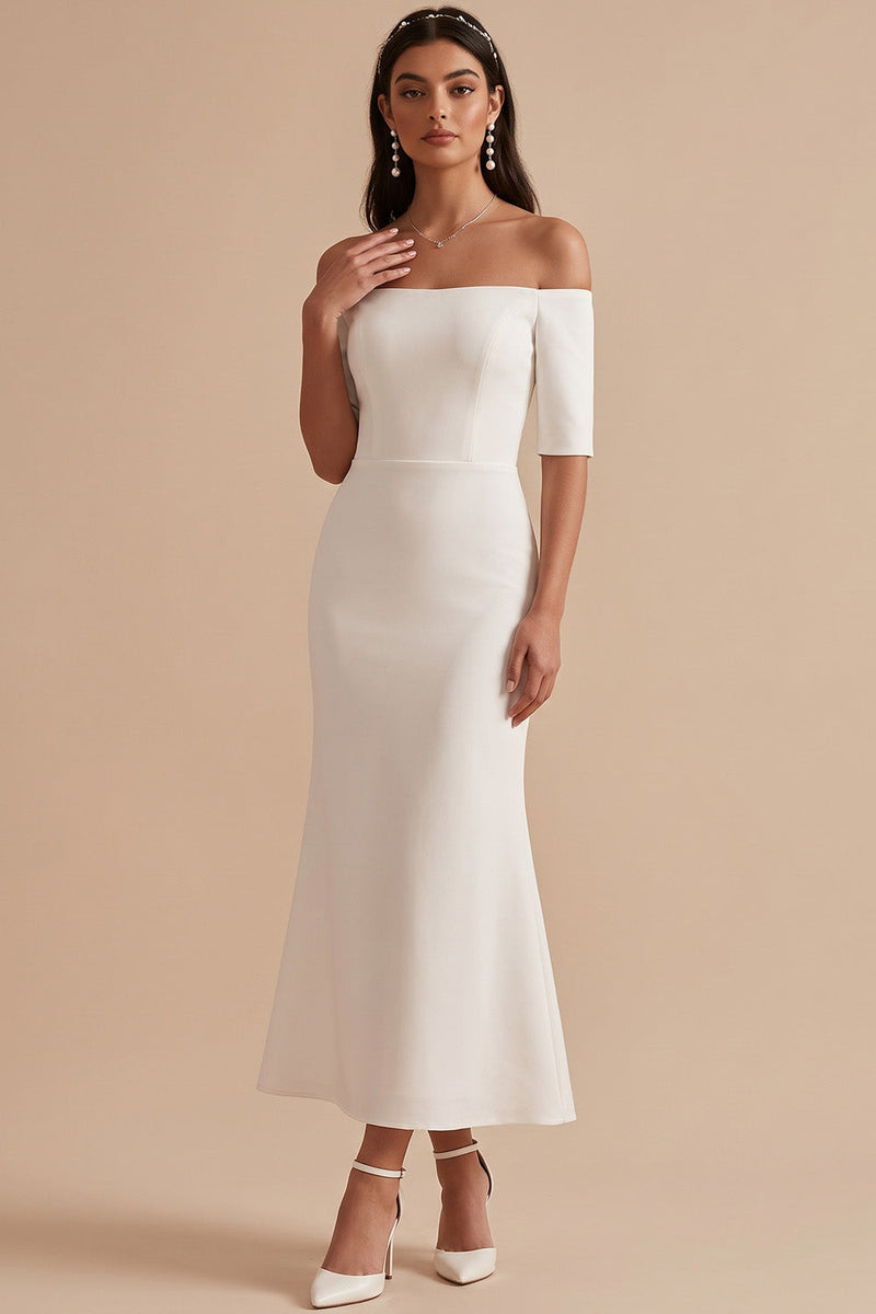 Laden Sie das Bild in den Galerie-Viewer, Weißes Meerjungfrauen Off-shoulder Halbärmel Satin Midi Hochzeitskleid
