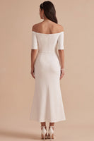 Laden Sie das Bild in den Galerie-Viewer, Weißes Meerjungfrauen Off-shoulder Halbärmel Satin Midi Hochzeitskleid