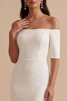 Laden Sie das Bild in den Galerie-Viewer, Weißes Meerjungfrauen Off-shoulder Halbärmel Satin Midi Hochzeitskleid