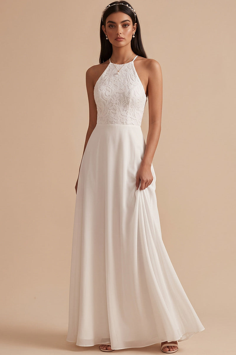 Laden Sie das Bild in den Galerie-Viewer, Weißes A-Linie Chiffon Spitzen Langes Hochzeitskleid