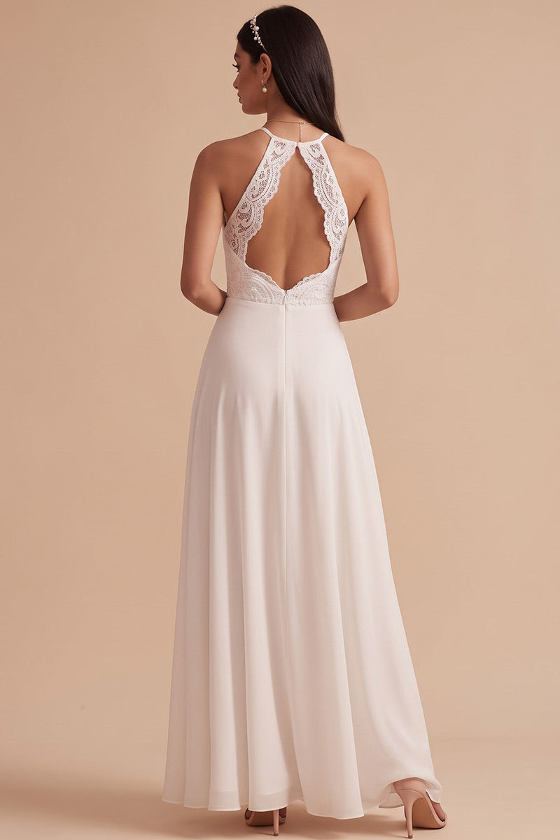 Laden Sie das Bild in den Galerie-Viewer, Weißes A-Linie Chiffon Spitzen Langes Hochzeitskleid