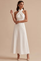 Laden Sie das Bild in den Galerie-Viewer, Weißes A-Line Neckholder Satin Midi Hochzeitskleid