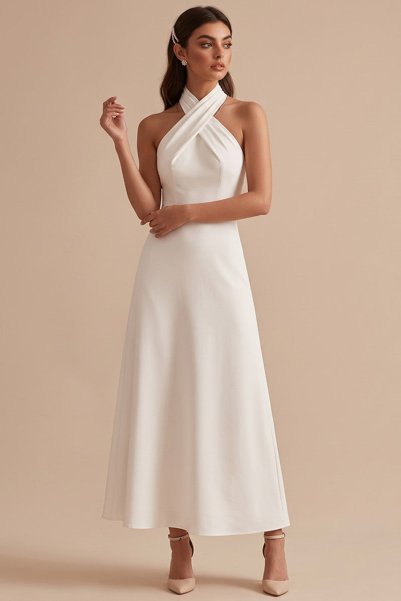 Laden Sie das Bild in den Galerie-Viewer, Weißes A-Line Neckholder Satin Midi Hochzeitskleid