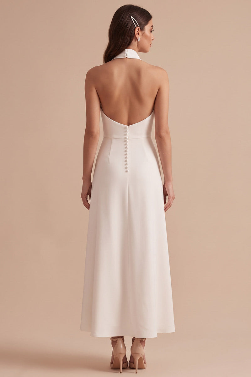 Laden Sie das Bild in den Galerie-Viewer, Weißes A-Line Neckholder Satin Midi Hochzeitskleid