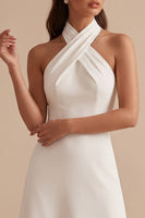 Laden Sie das Bild in den Galerie-Viewer, Weißes A-Line Neckholder Satin Midi Hochzeitskleid
