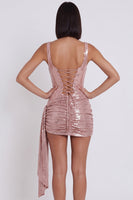 Laden Sie das Bild in den Galerie-Viewer, Rosa Korsett Metallisches Bodycon Rundhalsausschnitt Kurzes Cocktailkleid mit Drapierung