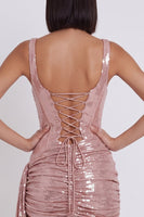 Laden Sie das Bild in den Galerie-Viewer, Rosa Korsett Metallisches Bodycon Rundhalsausschnitt Kurzes Cocktailkleid mit Drapierung