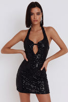 Laden Sie das Bild in den Galerie-Viewer, Schwarzes Pailletten Bodycon Neckholder Kurzes Cocktailkleid mit Schlüsselloch