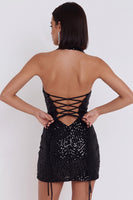 Laden Sie das Bild in den Galerie-Viewer, Schwarzes Pailletten Bodycon Neckholder Kurzes Cocktailkleid mit Schlüsselloch