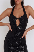 Laden Sie das Bild in den Galerie-Viewer, Schwarzes Pailletten Bodycon Neckholder Kurzes Cocktailkleid mit Schlüsselloch