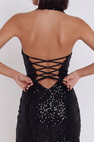 Laden Sie das Bild in den Galerie-Viewer, Schwarzes Pailletten Bodycon Neckholder Kurzes Cocktailkleid mit Schlüsselloch