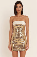 Laden Sie das Bild in den Galerie-Viewer, Glitzerndes Goldenes Trägerloses Bodycon Pailletten Kurzes Cocktailkleid