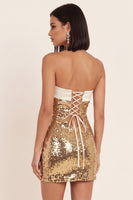 Laden Sie das Bild in den Galerie-Viewer, Glitzerndes Goldenes Trägerloses Bodycon Pailletten Kurzes Cocktailkleid