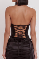Laden Sie das Bild in den Galerie-Viewer, Schwarzes Satin Korsett Neckholder Schlüsselloch Gerafftes Kurzes Cocktailkleid mit Drapierung