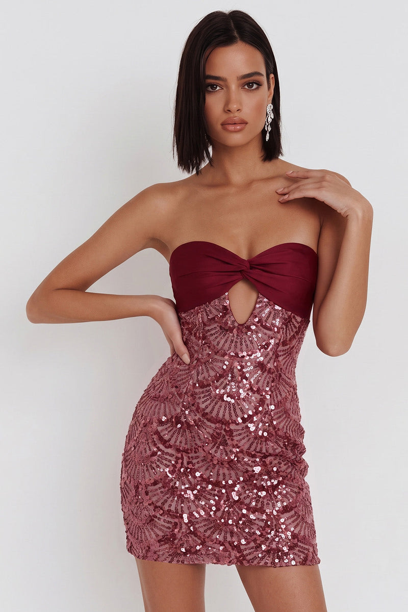 Laden Sie das Bild in den Galerie-Viewer, Burgunderrotes Pailletten Bodycon Trägerloses Kurzes Cocktailkleid