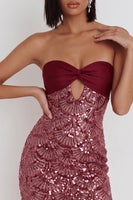 Laden Sie das Bild in den Galerie-Viewer, Burgunderrotes Pailletten Bodycon Trägerloses Kurzes Cocktailkleid