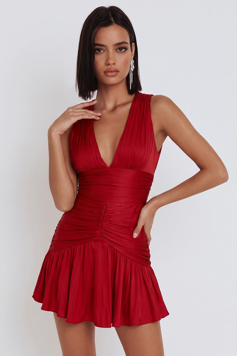 Laden Sie das Bild in den Galerie-Viewer, Rotes V-Ausschnitt A-Linie Gerafftes Bodycon Kurzes Cocktailkleid